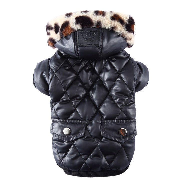 Quilted Winter Dog Jacket with a Cheetah Print Fleece Lined Hood In Pink, Purple Green and Black