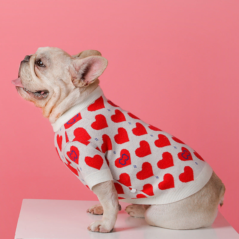 Red Heart Print Dog Cat Wool Knitted Sweater in White