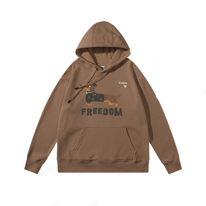 Unisex Cotton Polyester Blend Freedom Dachshund Print Hoodie in Brown Cream Gray Green and Black