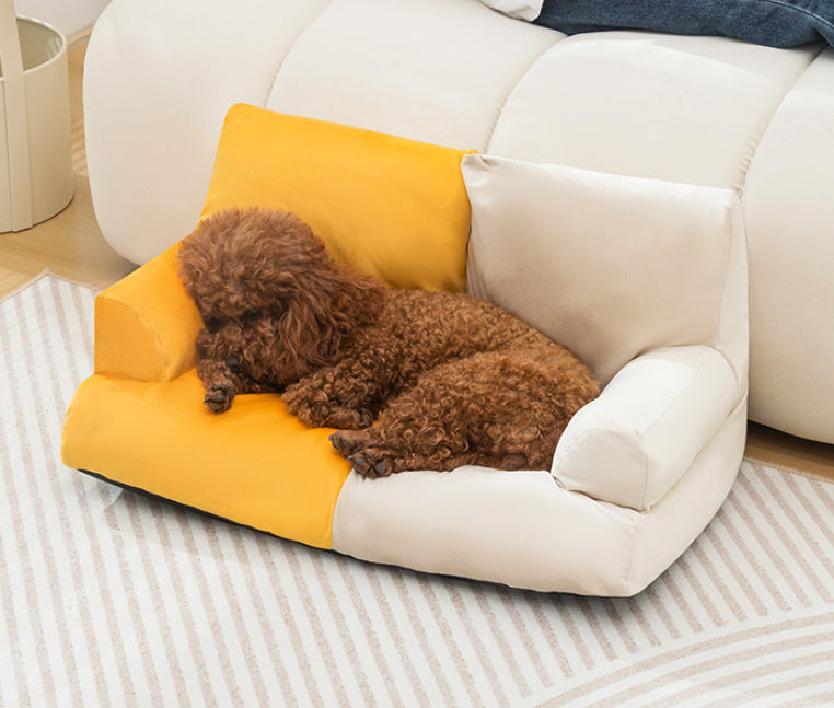 Plush Dog Sofa Bed in Gray Yellow Beige and Blue