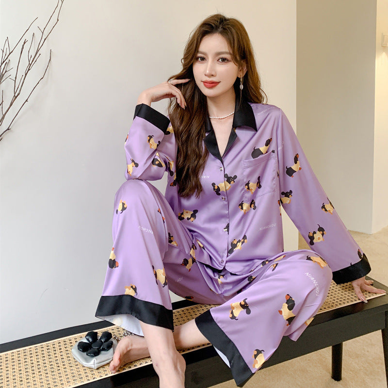 Women's Polyester Dachshund Printing Long Sleeve Pajama Set in Yellow and Purple