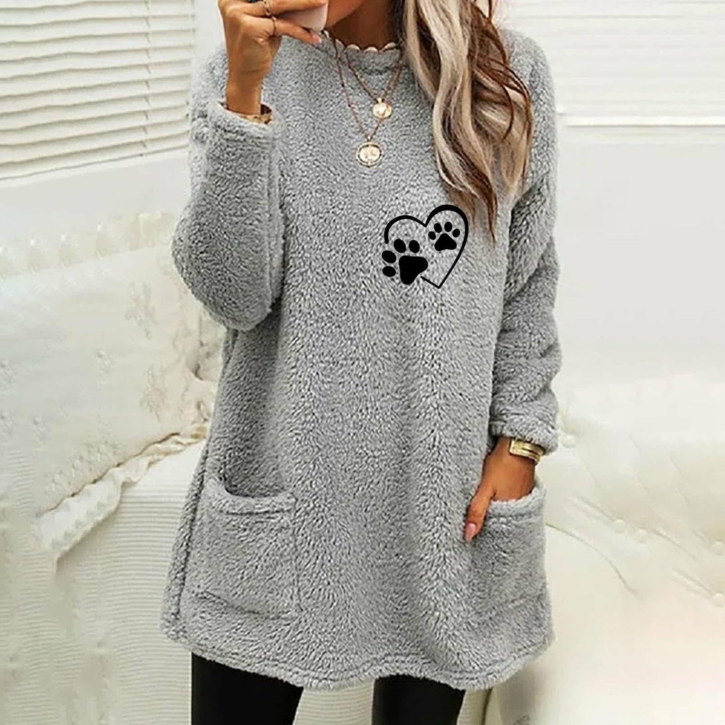 Women's Loose Autumn Long Sleeve Love Pawprint Sweatshirt in Blue Black White Gray Pink and Green