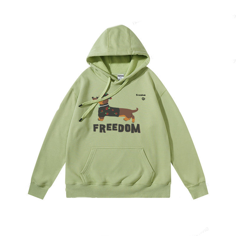 Unisex Cotton Polyester Blend Freedom Dachshund Print Hoodie in Brown Cream Gray Green and Black