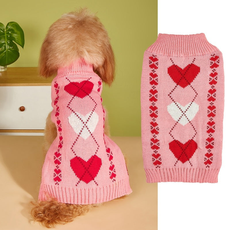 Valentines Day Love Heart Bow Knitted Dog Sweater in Pink White and Red