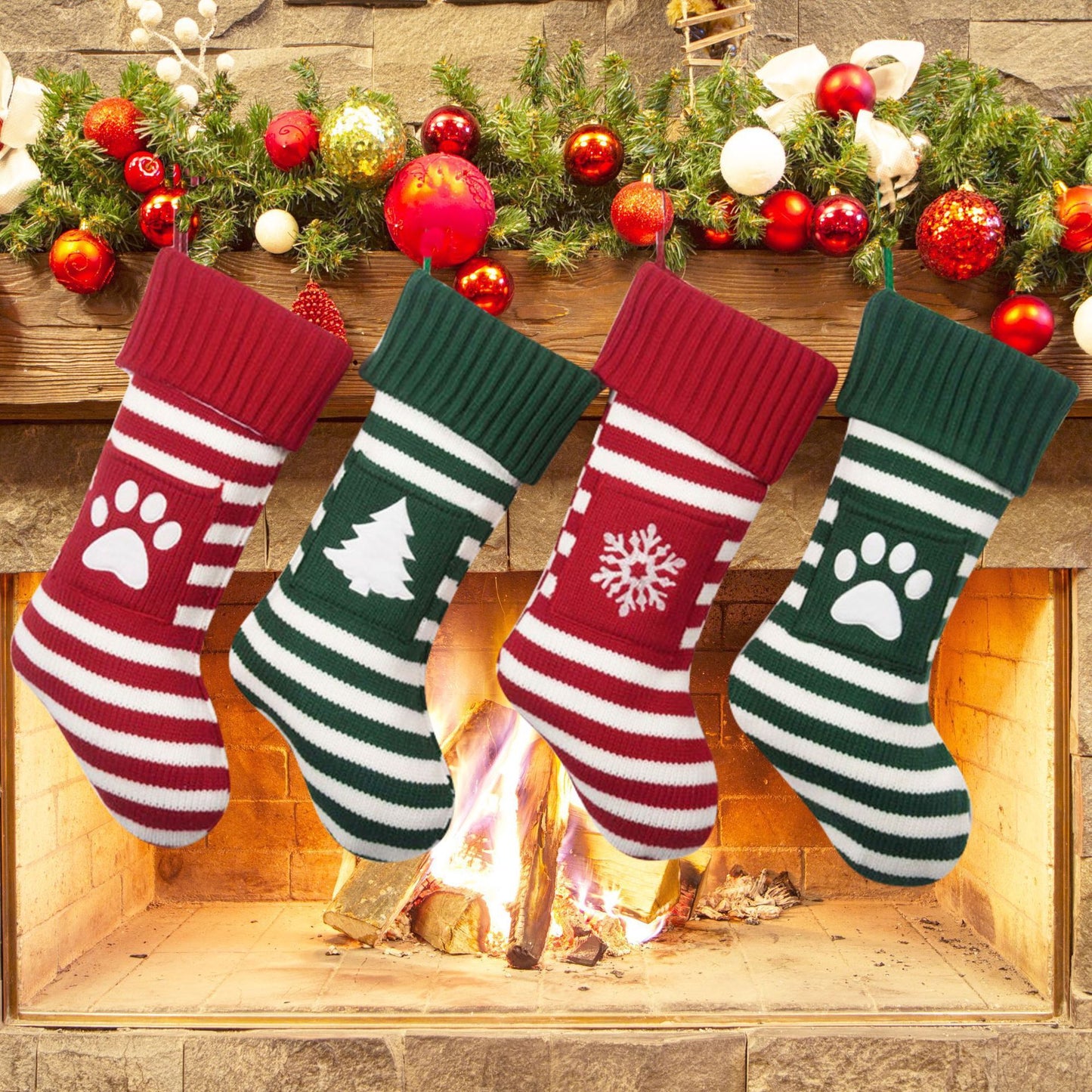 Paw Print Christmas Tree Pet Cat Dog Christmas Knitted Gift Stockings