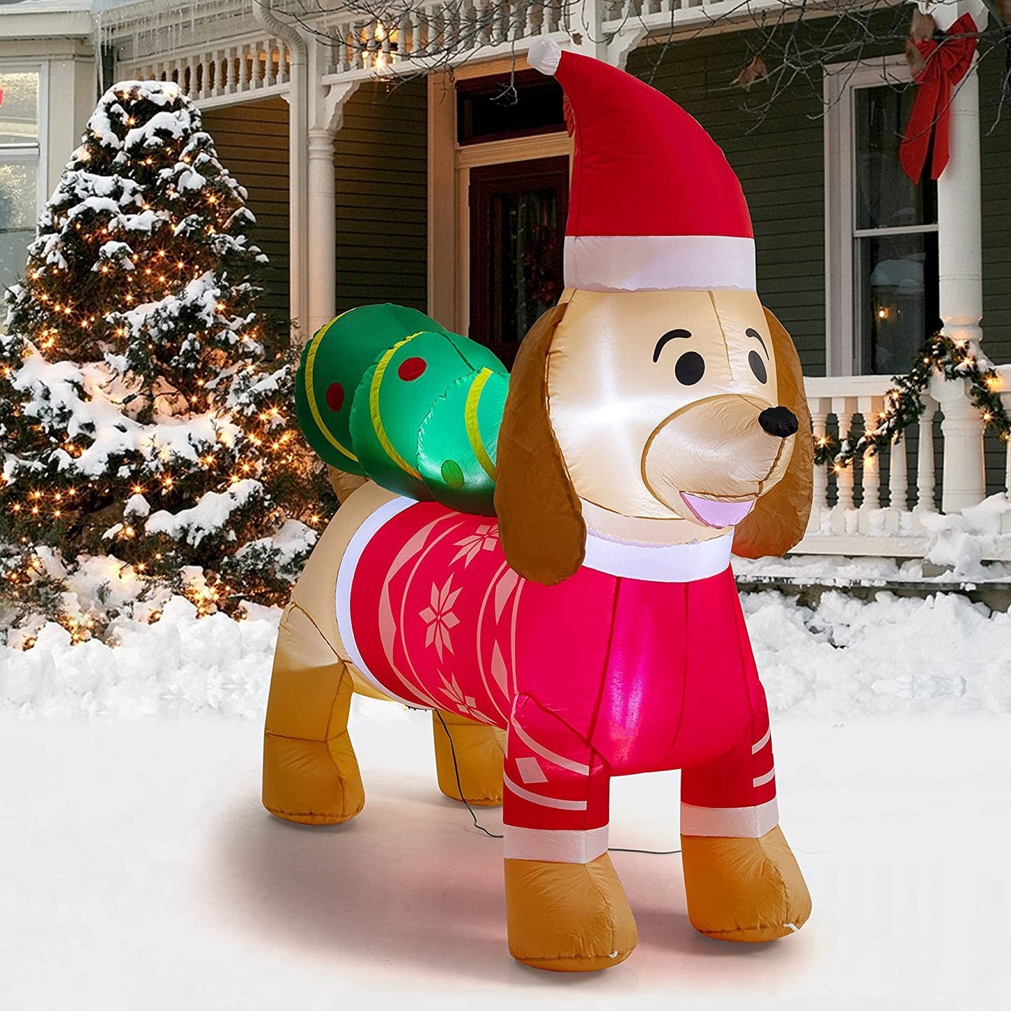 Dachshund Sausage Dog Packing a Christmas Tree Inflatable Lawn and Garden Decorations