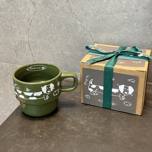 Dachshund Dog Coffee Cup Gift Box in Cream and Green