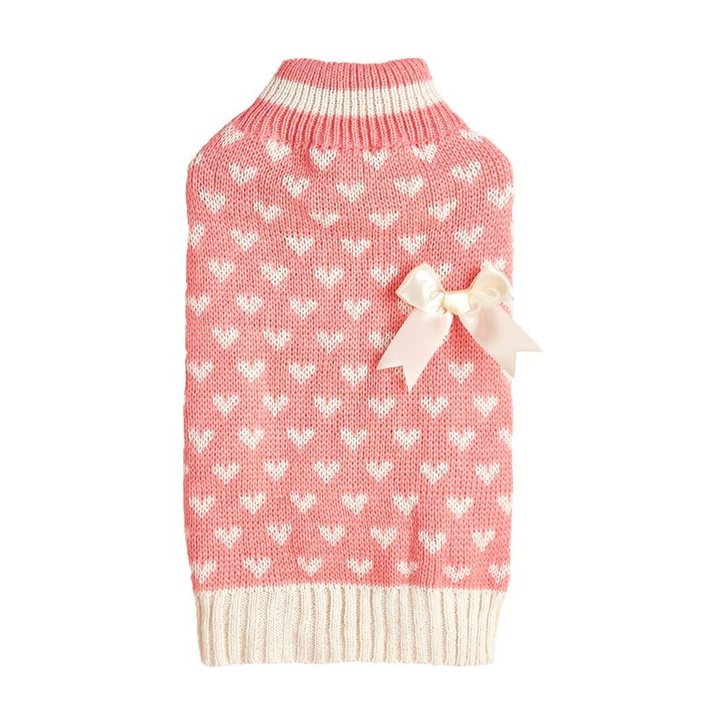 Valentines Day Love Heart Bow Knitted Dog Sweater in Pink White and Red