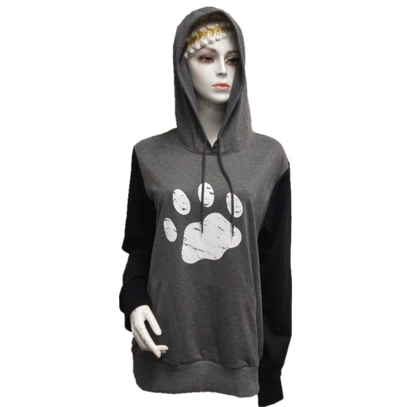 Women's Pawprint Long-sleeved Light Weight Hoodie in Gray Black or Pink