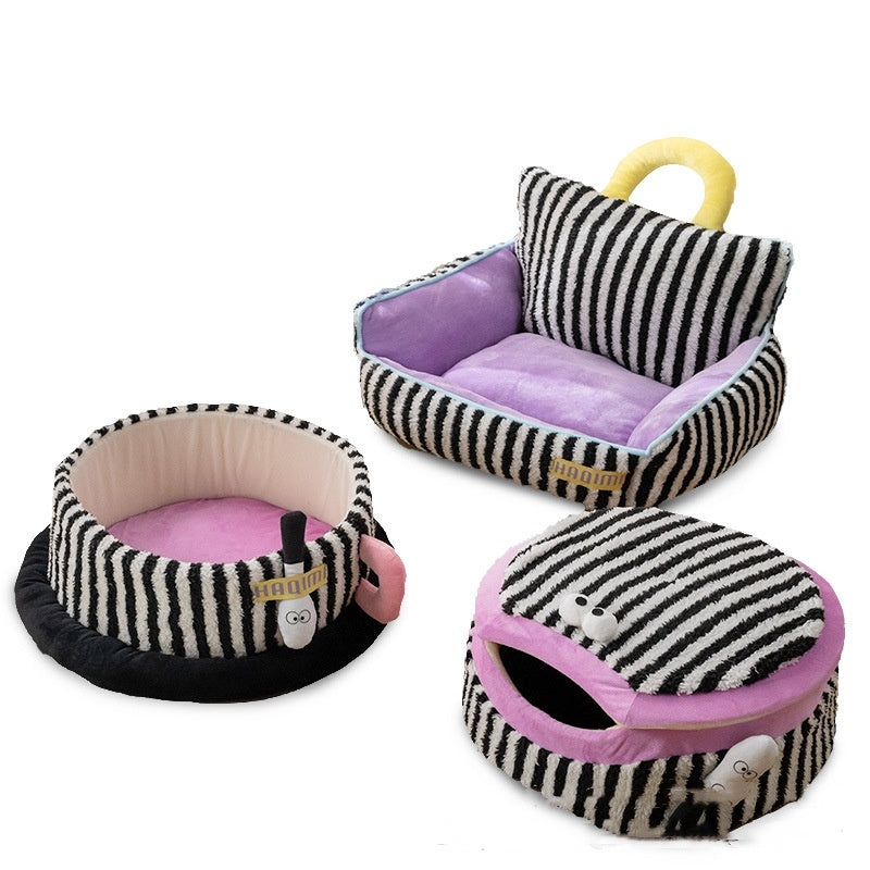 Comfy Chair, Round and Round with lid Pet Dog Beds in Purple or Pink and Black and white striped.