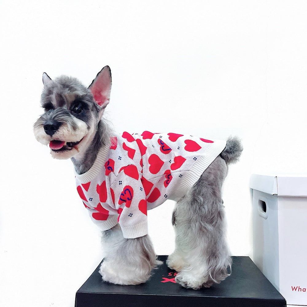 Red Heart Print Wool Dog Sweater in White