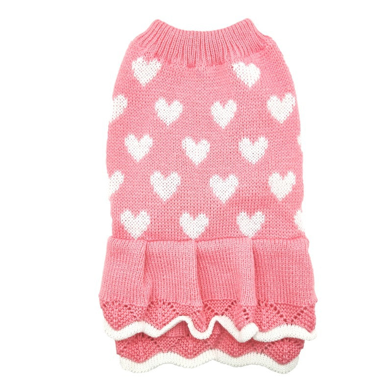 White Heart Print Acrylic Knitted Dog Dresses in Pink and Red