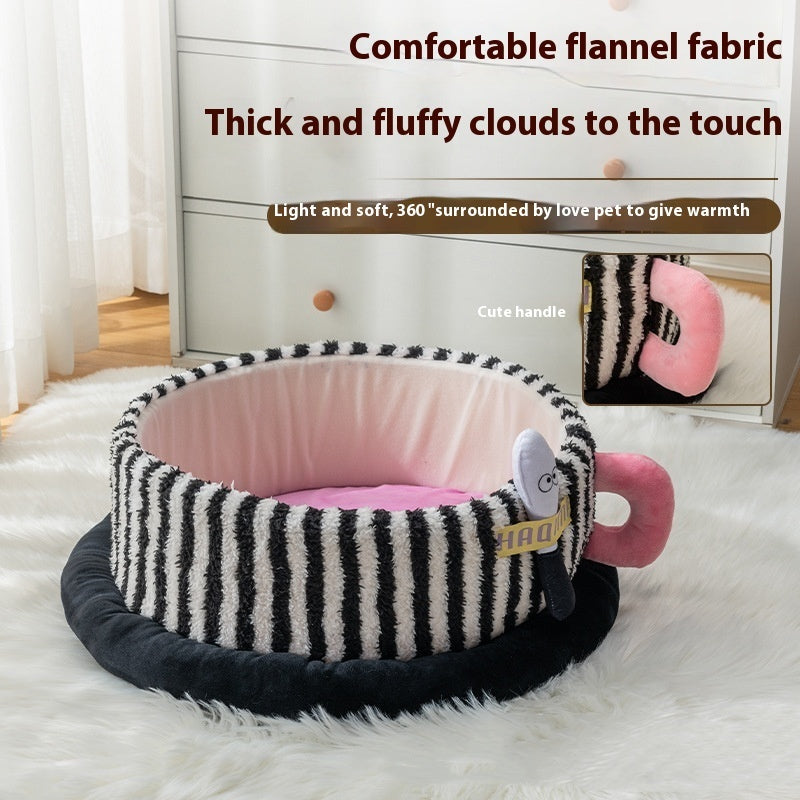 Comfy Chair, Round and Round with lid Pet Dog Beds in Purple or Pink and Black and white striped.