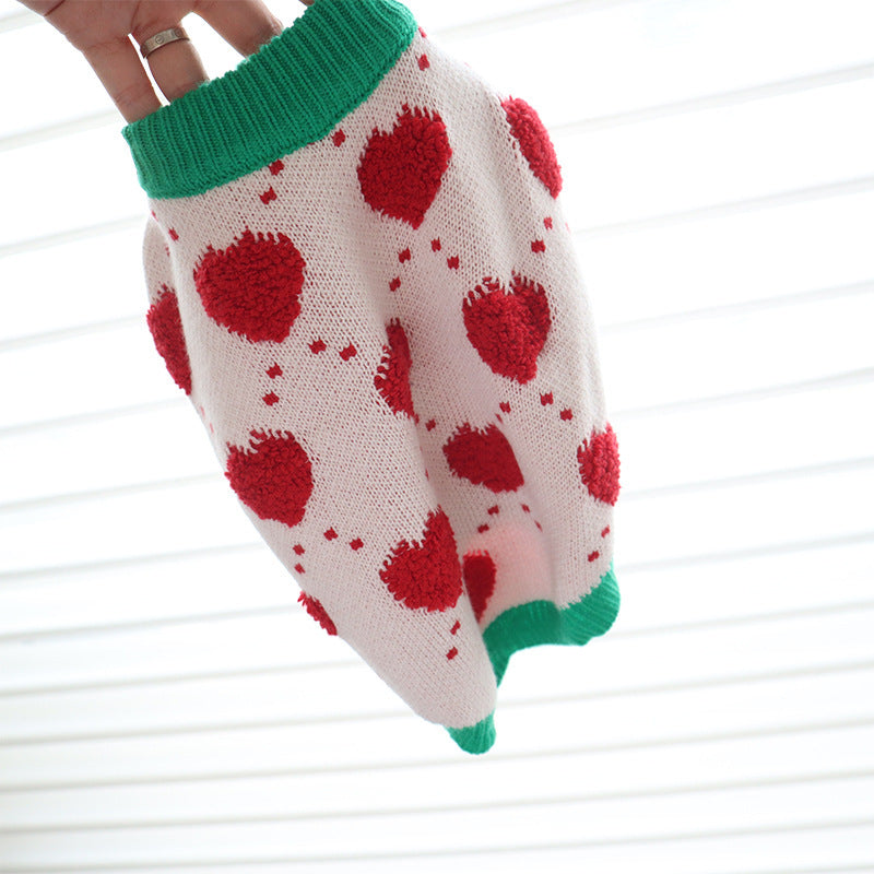 Red Heart Print Cotton Dog Sweater in White with Green Trim