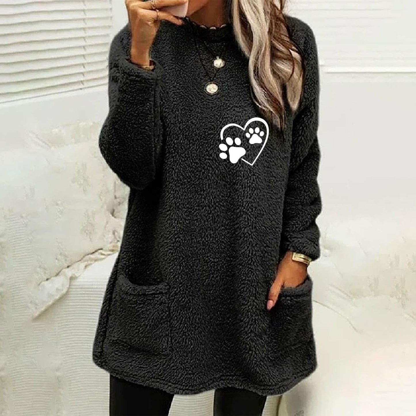 Women's Loose Autumn Long Sleeve Love Pawprint Sweatshirt in Blue Black White Gray Pink and Green