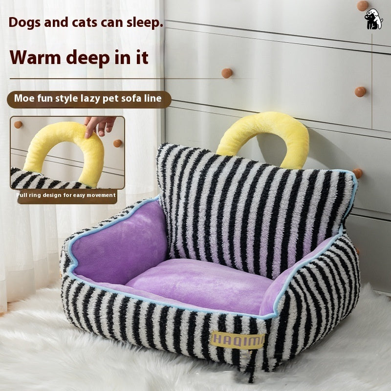 Comfy Chair, Round and Round with lid Pet Dog Beds in Purple or Pink and Black and white striped.