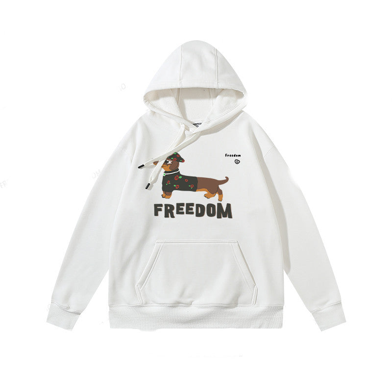 Unisex Cotton Polyester Blend Freedom Dachshund Print Hoodie in Brown Cream Gray Green and Black