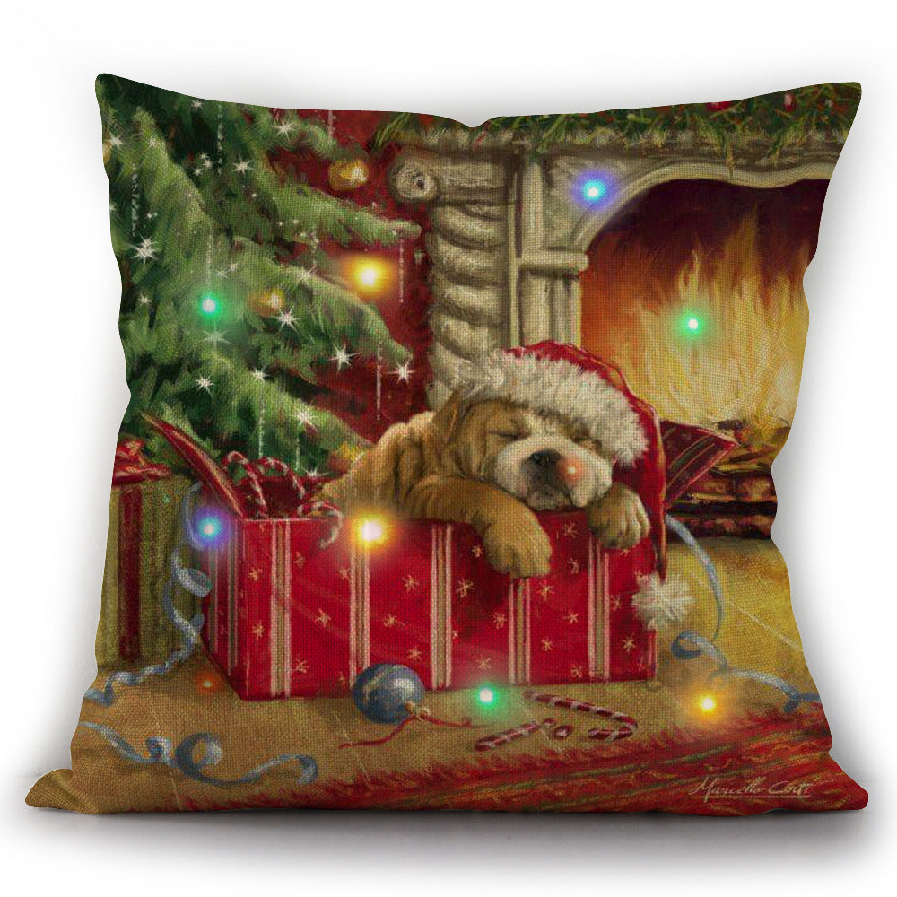 Christmas Cat And Dog LED Bright Light Up Linen Pillow Cover