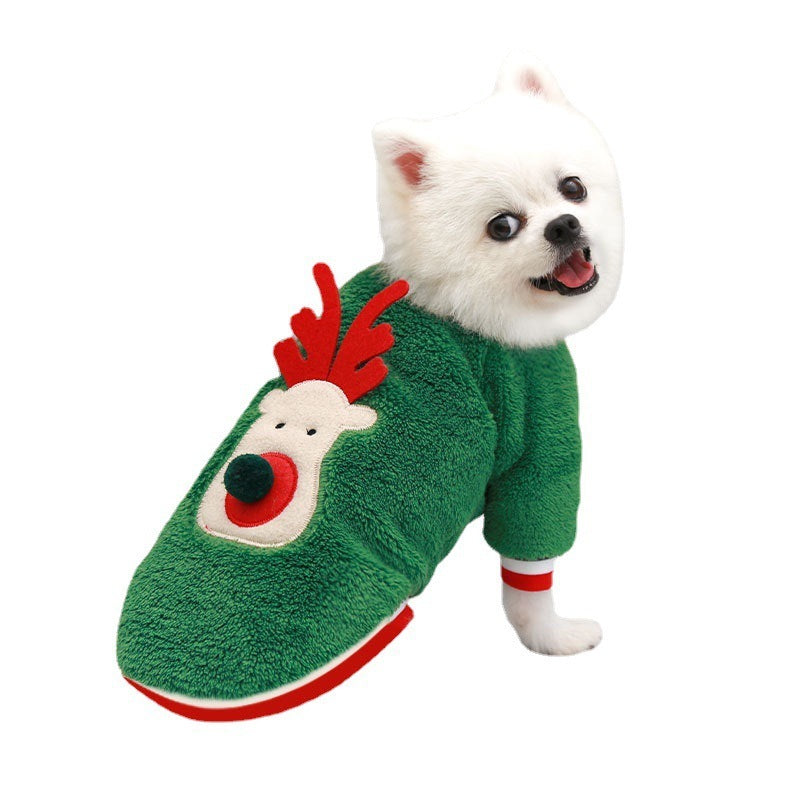 Christmas Pom Nose Reindeer Fleece Dog Sweater in Red and Green