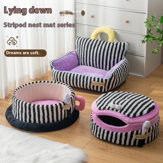 Comfy Chair, Round and Round with lid Pet Dog Beds in Purple or Pink and Black and white striped.