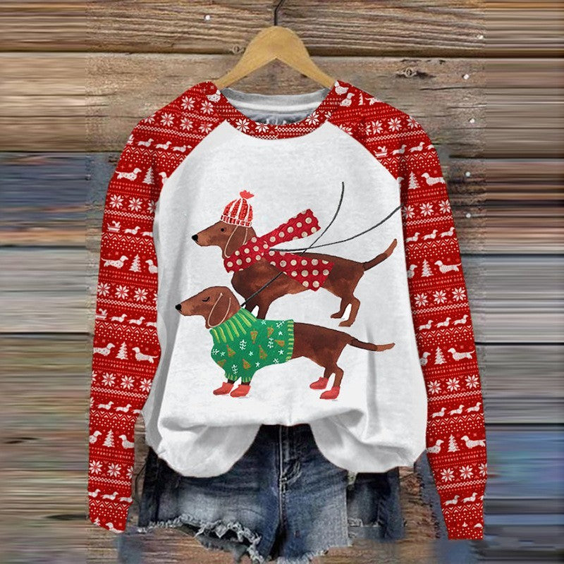 Women's Winter Dachshund Print Long Sleave Shirt in Red and Blue v