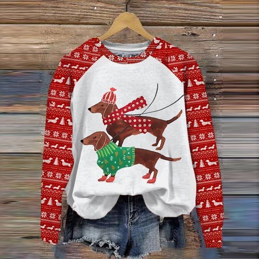 Women's Winter Dachshund Print Long Sleave Shirt in Red and Blue v