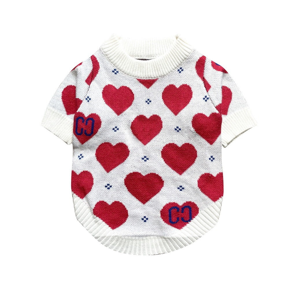 Red Heart Print Wool Dog Sweater in White