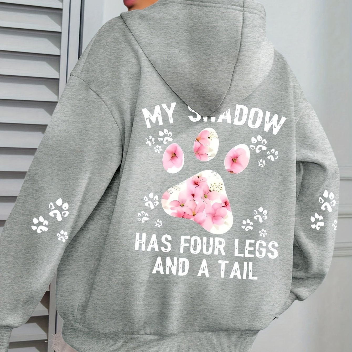 Women's My Shadow Has 4 Legs and a Tail Pawprint Hoodie in Gray, Khaki, Light Purple and Gray