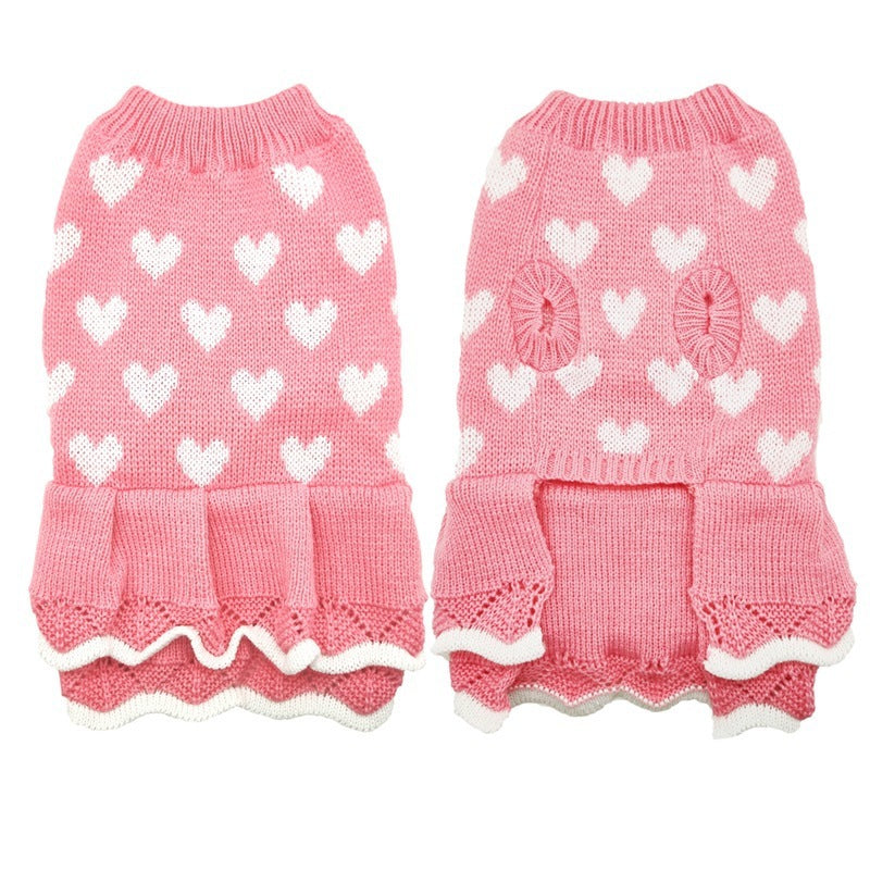 White Heart Print Acrylic Knitted Dog Dresses in Pink and Red