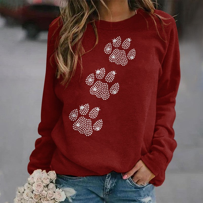 Women's Polyester Rhinestone Paw Print Crew Neck Sweater