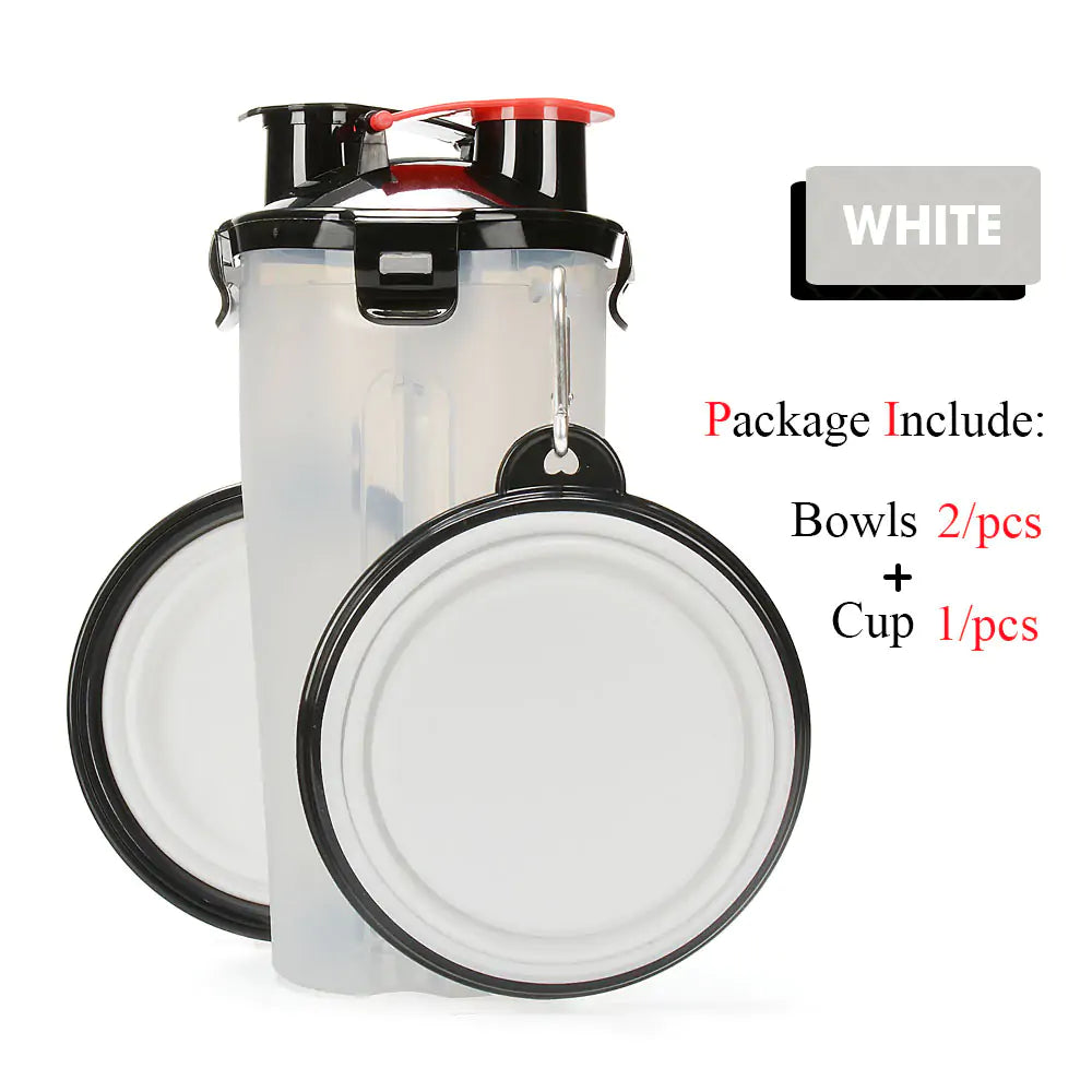 Pet Water Bottle Food Container 2 in 1 With Folding bowls White 2 Bowl sold by Poopy and Poops General Pet Store poppyandpoops.ca