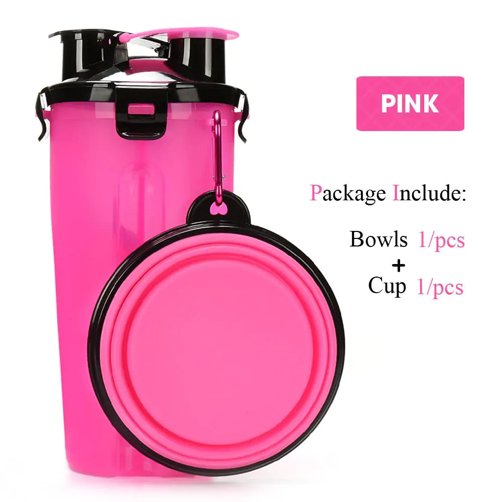 Pet Water Bottle Food Container 2 in 1 With Folding bowls Pink 1 Bowl sold by Poopy and Poops General Pet Store poppyandpoops.ca